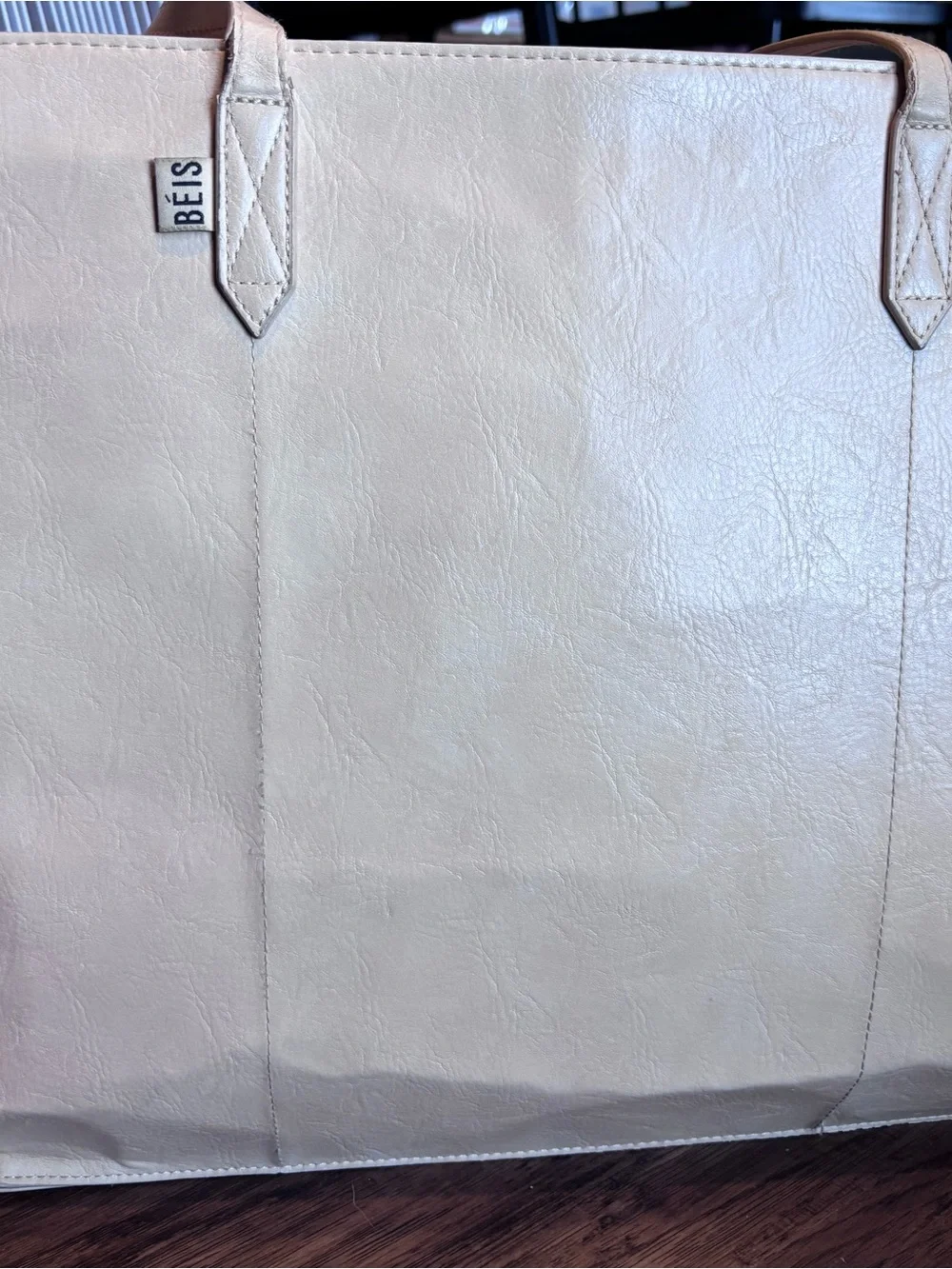 BEIS Cream Large Faux-Leather Tote with Front Zip Pocket